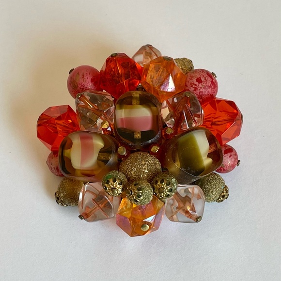 West Germany Jewelry - Vintage Signed West Germany Beaded Brooch Glass Lucite Plastic Metal
